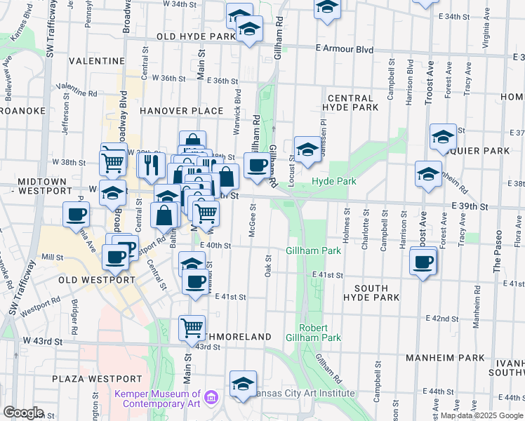 map of restaurants, bars, coffee shops, grocery stores, and more near 3918 McGee Street in Kansas City