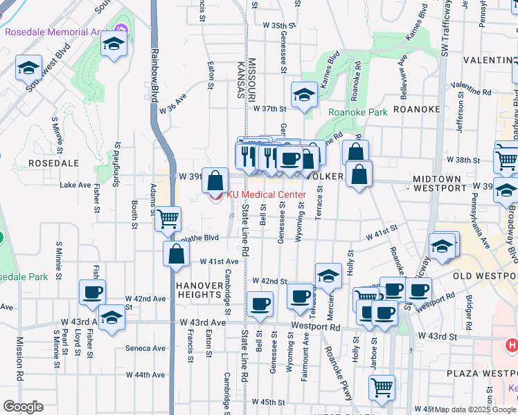 map of restaurants, bars, coffee shops, grocery stores, and more near 3950 Bell Street in Kansas City
