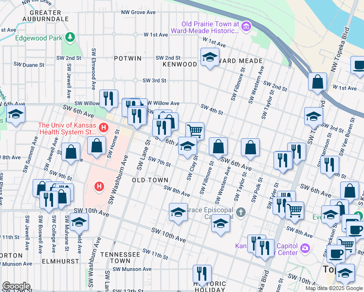 map of restaurants, bars, coffee shops, grocery stores, and more near 1200 Southwest 6th Avenue in Topeka