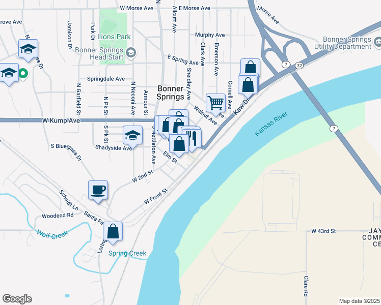 map of restaurants, bars, coffee shops, grocery stores, and more near 115 Oak Street in Bonner Springs