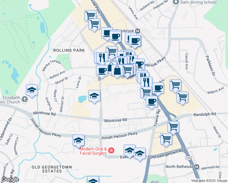 map of restaurants, bars, coffee shops, grocery stores, and more near 6060 California Circle in North Bethesda