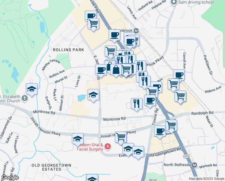 map of restaurants, bars, coffee shops, grocery stores, and more near 6060 California Circle in Rockville