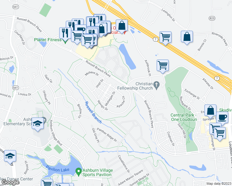 map of restaurants, bars, coffee shops, grocery stores, and more near 44331 Apache Circle in Ashburn