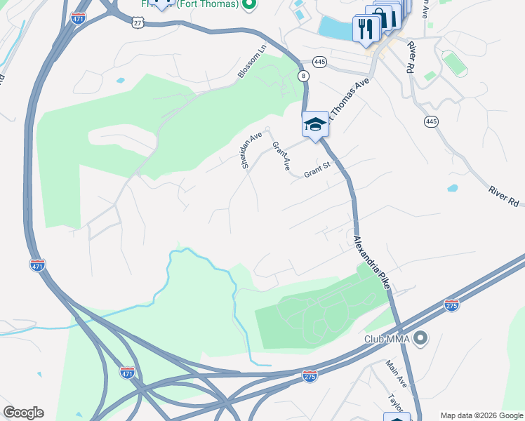 map of restaurants, bars, coffee shops, grocery stores, and more near 88 Bonnie Lane in Fort Thomas