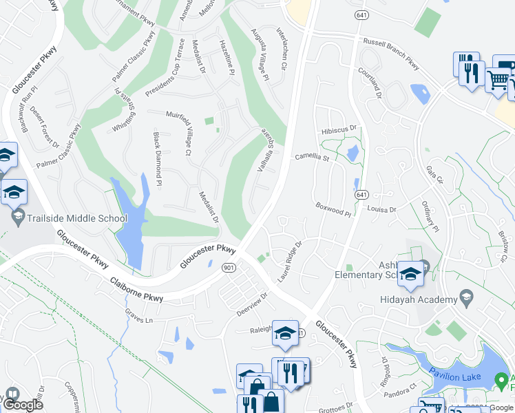 map of restaurants, bars, coffee shops, grocery stores, and more near 20035 Valhalla Square in Ashburn