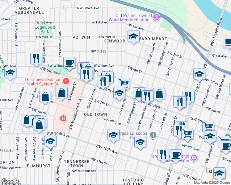 map of restaurants, bars, coffee shops, grocery stores, and more near 1200 Southwest 6th Avenue in Topeka