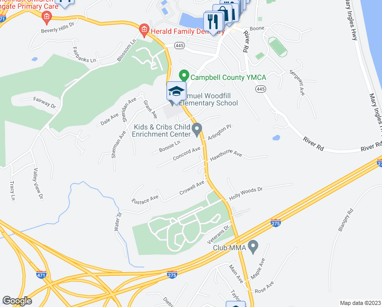 map of restaurants, bars, coffee shops, grocery stores, and more near 26 Concord Avenue in Fort Thomas