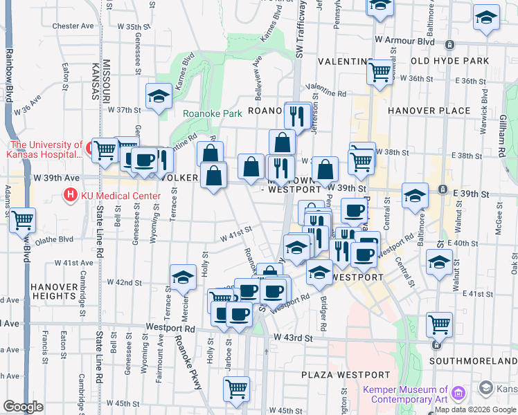 map of restaurants, bars, coffee shops, grocery stores, and more near 3927 Clark Avenue in Kansas City