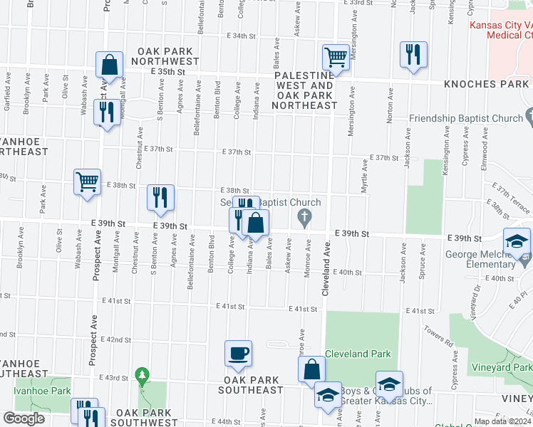 map of restaurants, bars, coffee shops, grocery stores, and more near 3820 Bales Avenue in Kansas City