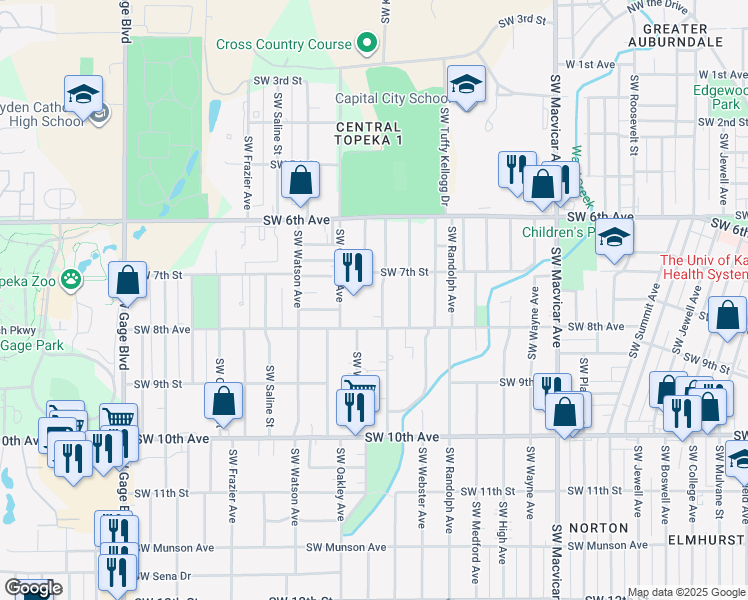 map of restaurants, bars, coffee shops, grocery stores, and more near 723 Southwest Vesper Avenue in Topeka