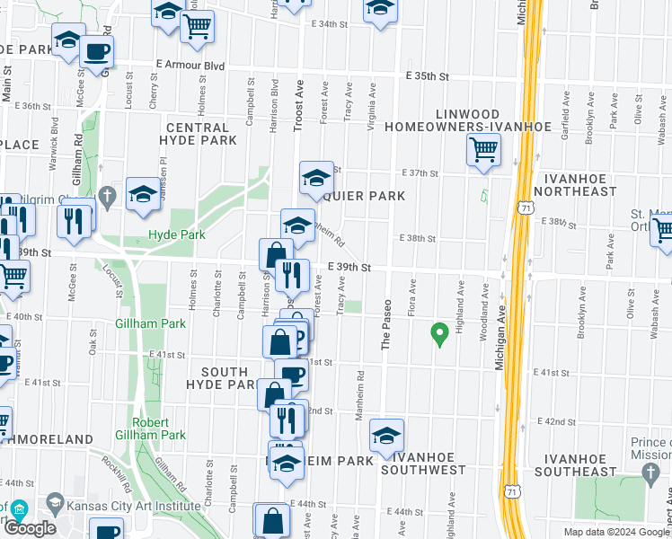 map of restaurants, bars, coffee shops, grocery stores, and more near 3911 Forest Avenue in Kansas City