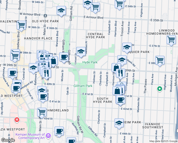 map of restaurants, bars, coffee shops, grocery stores, and more near 3923 Kenwood Avenue in Kansas City