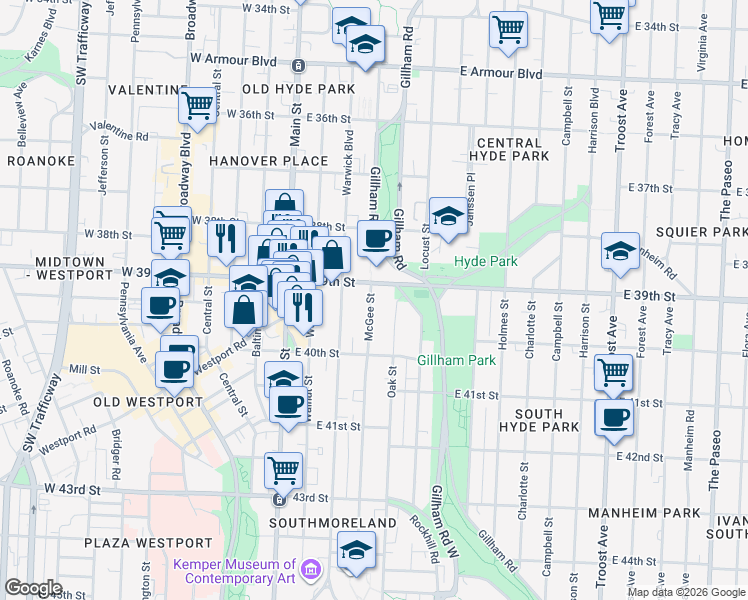 map of restaurants, bars, coffee shops, grocery stores, and more near 3918 McGee Street in Kansas City