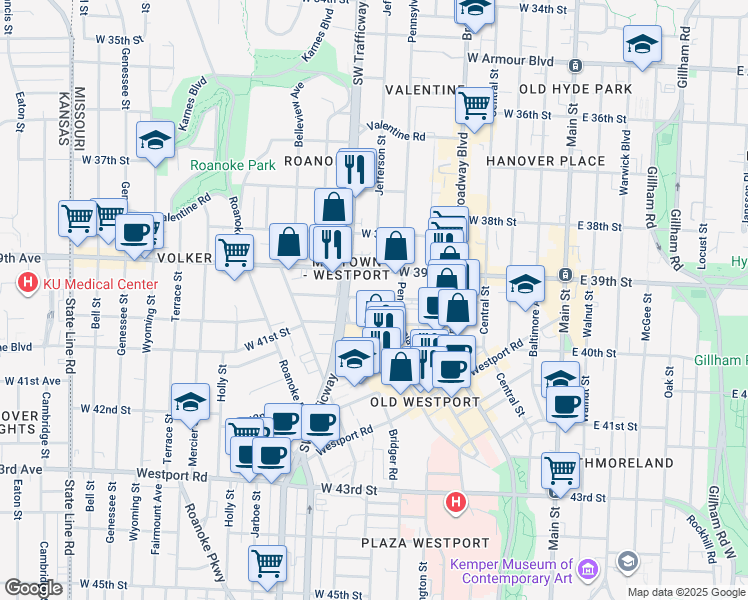 map of restaurants, bars, coffee shops, grocery stores, and more near 622 West 40th Street in Kansas City