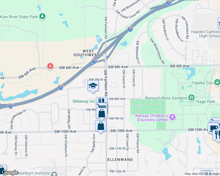 map of restaurants, bars, coffee shops, grocery stores, and more near 714 Southwest Fairlawn Road in Topeka