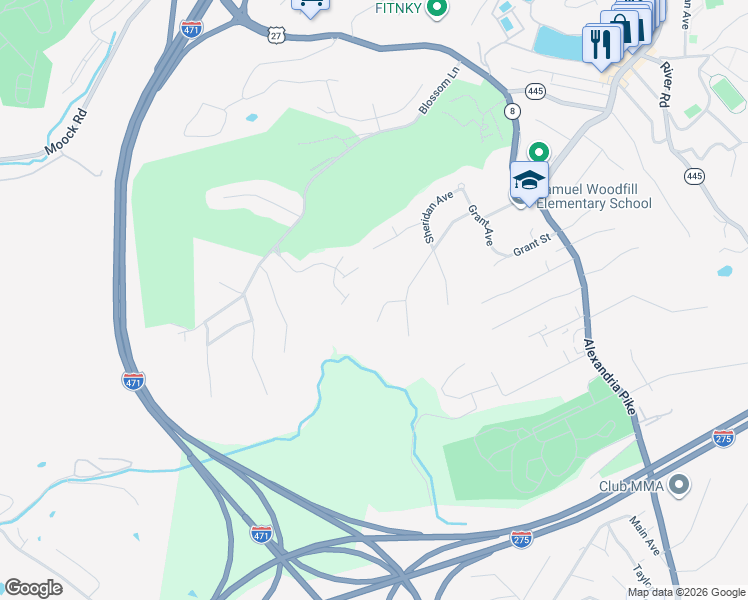 map of restaurants, bars, coffee shops, grocery stores, and more near 21 Fairview Place in Fort Thomas