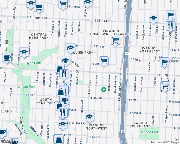 map of restaurants, bars, coffee shops, grocery stores, and more near Paseo Boulevard & East 39th Street in Kansas City