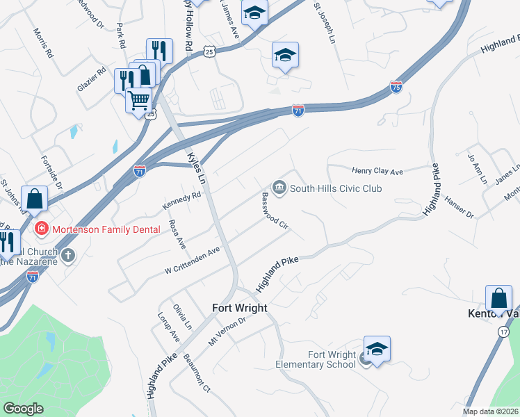 map of restaurants, bars, coffee shops, grocery stores, and more near 1612 East Crittenden Avenue in Fort Wright