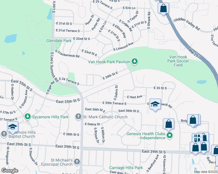 map of restaurants, bars, coffee shops, grocery stores, and more near 16649 East 35th Circle South in Independence