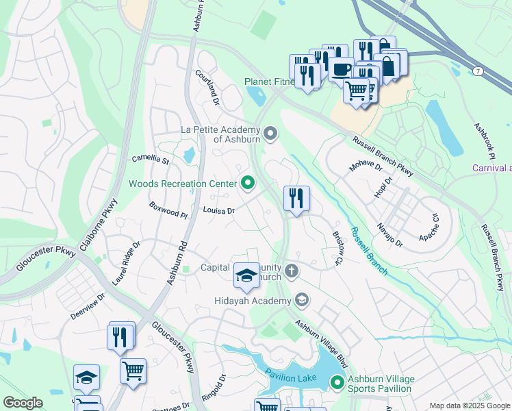 map of restaurants, bars, coffee shops, grocery stores, and more near 20245 Ordinary Place in Ashburn