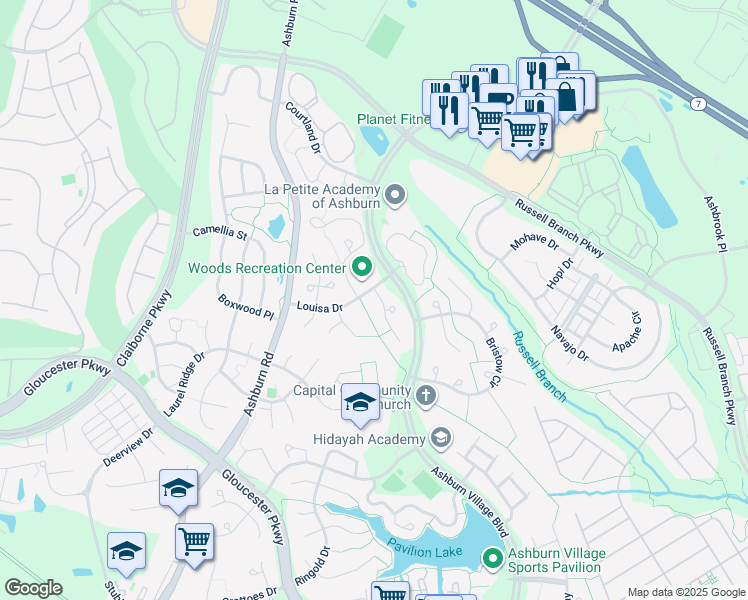 map of restaurants, bars, coffee shops, grocery stores, and more near 20245 Ordinary Place in Ashburn