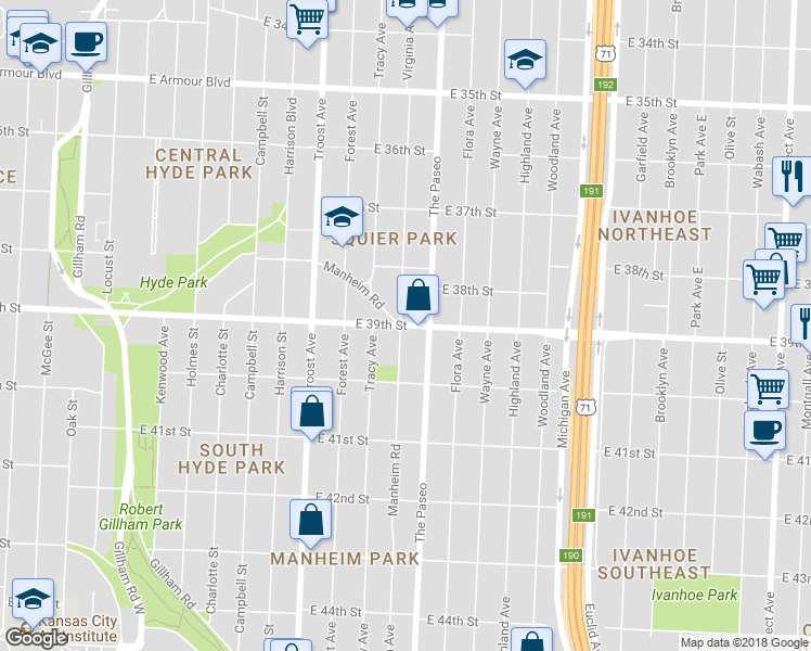 map of restaurants, bars, coffee shops, grocery stores, and more near 1333 East 39th Street in Kansas City