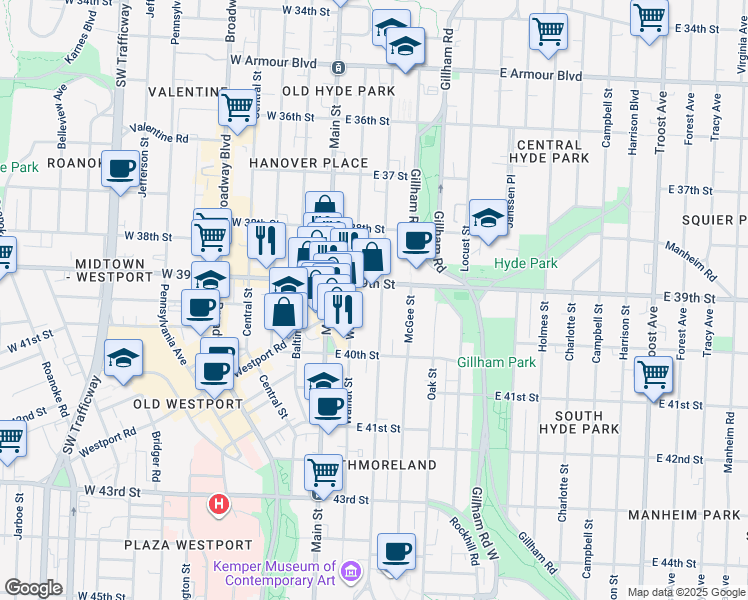 map of restaurants, bars, coffee shops, grocery stores, and more near 3914 Warwick Boulevard in Kansas City