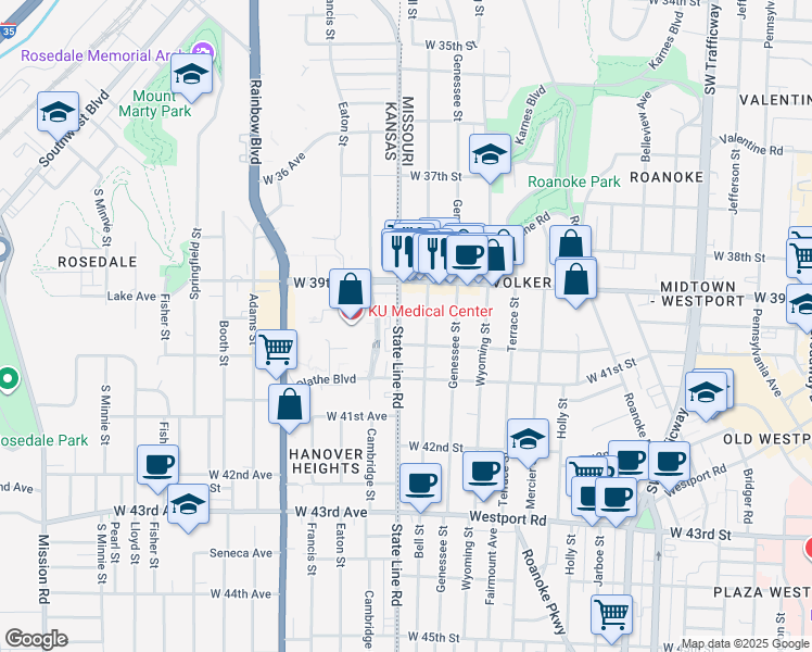 map of restaurants, bars, coffee shops, grocery stores, and more near 3950 Bell Street in Kansas City