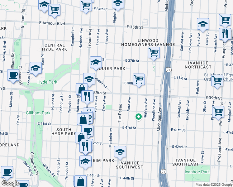 map of restaurants, bars, coffee shops, grocery stores, and more near 1348 East 39th Street in Kansas City