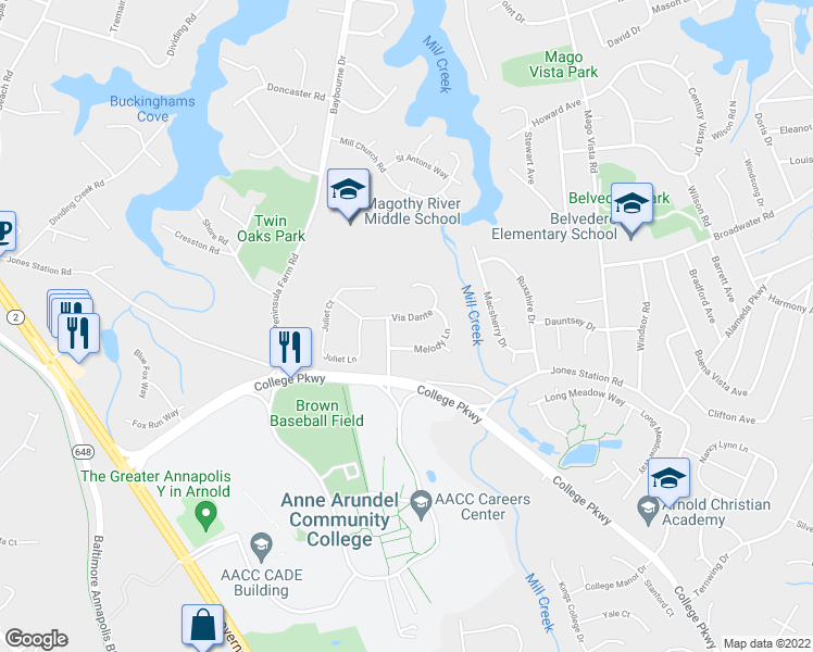 map of restaurants, bars, coffee shops, grocery stores, and more near 201 Vía Dante in Arnold