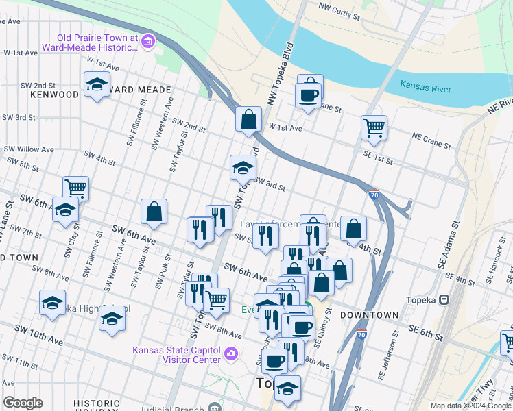 map of restaurants, bars, coffee shops, grocery stores, and more near 333 Southwest Harrison Street in Topeka
