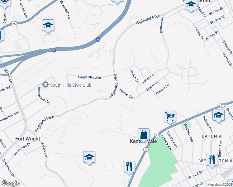 map of restaurants, bars, coffee shops, grocery stores, and more near 1325 Highland Avenue in Fort Wright