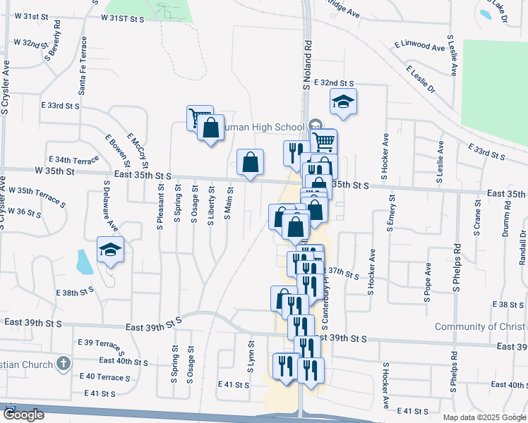 map of restaurants, bars, coffee shops, grocery stores, and more near 13851 East 35th Street Court South in Independence