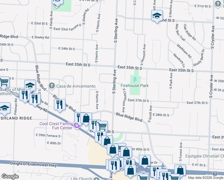 map of restaurants, bars, coffee shops, grocery stores, and more near 3724 South Sterling Avenue in Independence