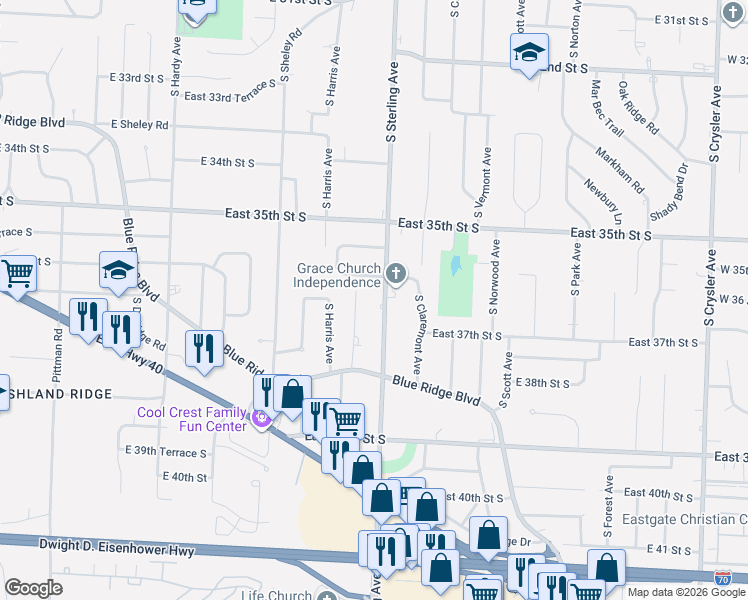 map of restaurants, bars, coffee shops, grocery stores, and more near 3724 South Sterling Avenue in Independence