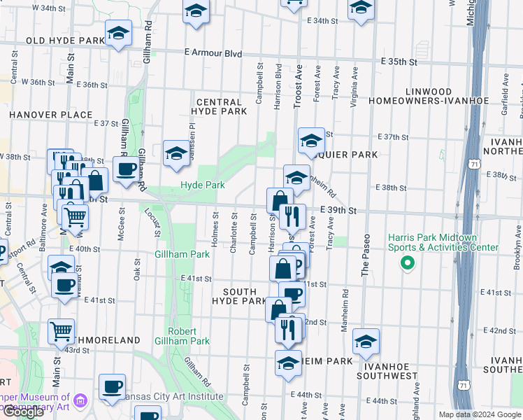 map of restaurants, bars, coffee shops, grocery stores, and more near 3916 Harrison Street in Kansas City