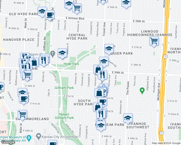 map of restaurants, bars, coffee shops, grocery stores, and more near 3916 Harrison Street in Kansas City