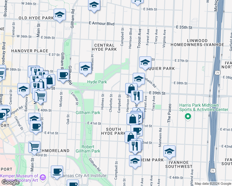 map of restaurants, bars, coffee shops, grocery stores, and more near 3916 Campbell Street in Kansas City