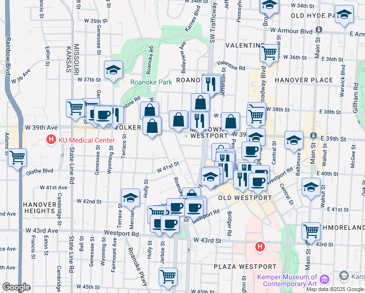 map of restaurants, bars, coffee shops, grocery stores, and more near 3947 Clark Avenue in Kansas City