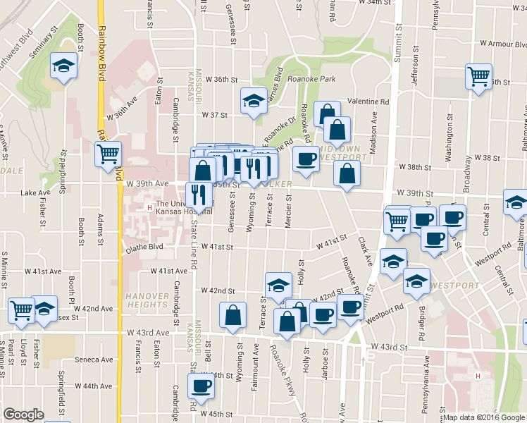 map of restaurants, bars, coffee shops, grocery stores, and more near 3953 Wyoming Street in Kansas City