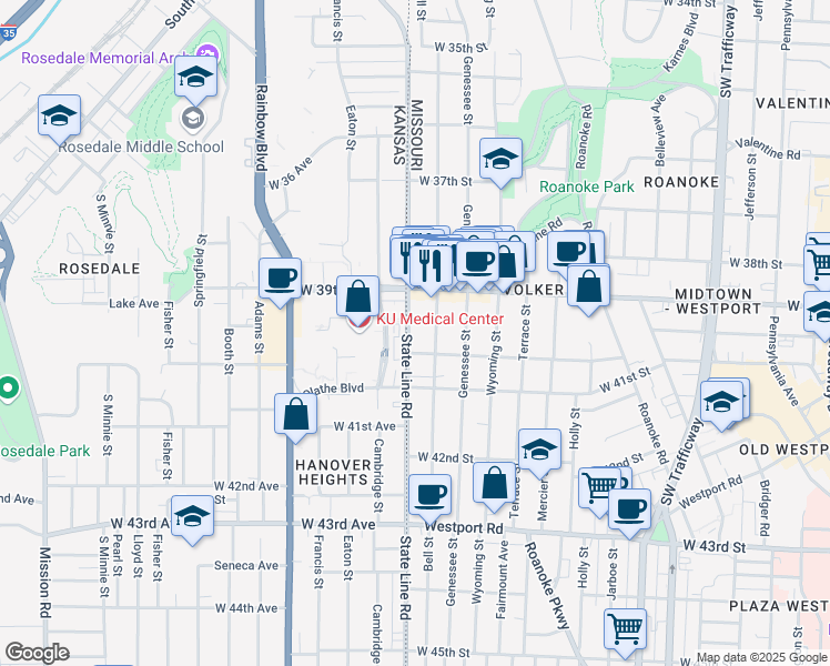 map of restaurants, bars, coffee shops, grocery stores, and more near 3950 Bell Street in Kansas City