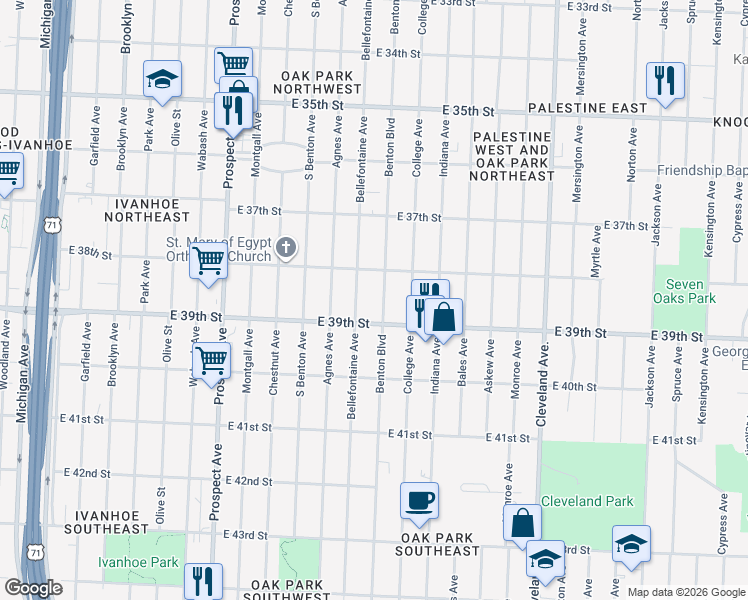 map of restaurants, bars, coffee shops, grocery stores, and more near 3839 Benton Boulevard in Kansas City