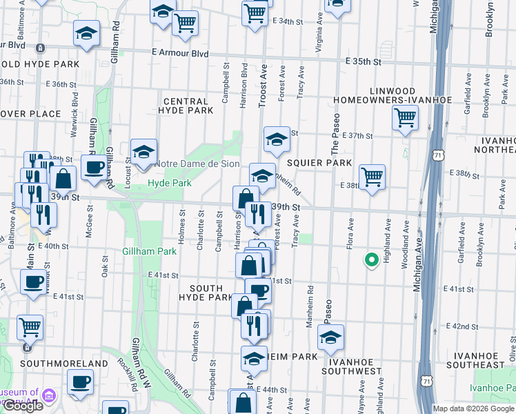 map of restaurants, bars, coffee shops, grocery stores, and more near 3900 Troost Avenue in Kansas City