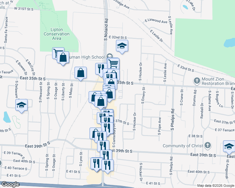 map of restaurants, bars, coffee shops, grocery stores, and more near 13975 East 35th Street South in Independence