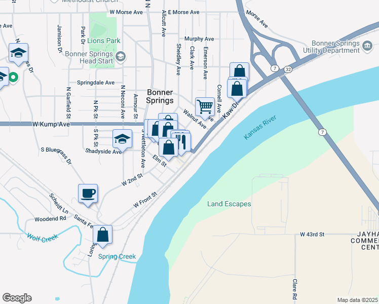 map of restaurants, bars, coffee shops, grocery stores, and more near East Spring Avenue in Bonner Springs