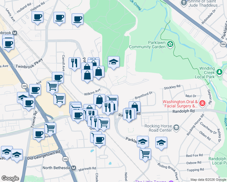 map of restaurants, bars, coffee shops, grocery stores, and more near 12201 Braxfield Court in Rockville