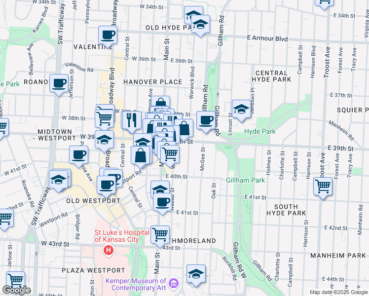 map of restaurants, bars, coffee shops, grocery stores, and more near 3924 Warwick Boulevard in Kansas City