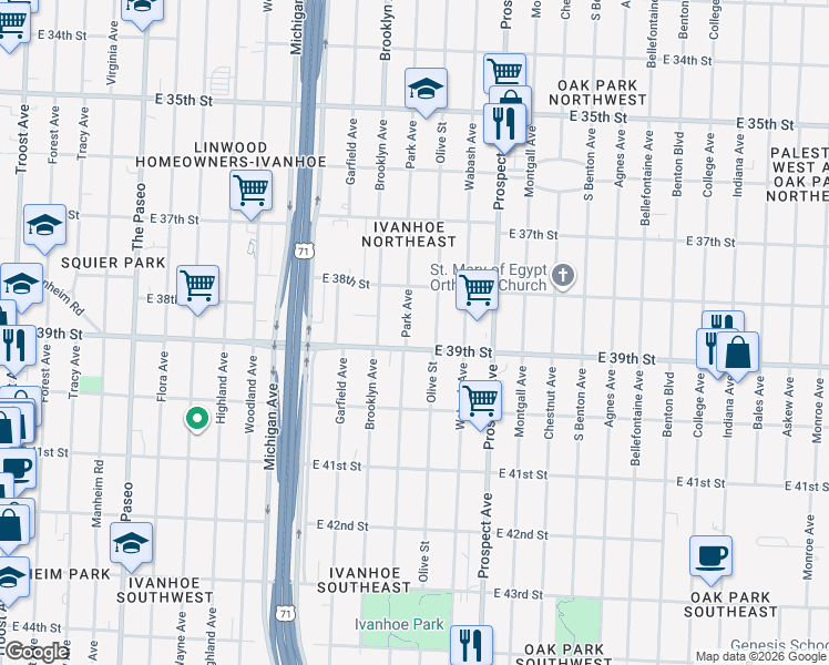 map of restaurants, bars, coffee shops, grocery stores, and more near 3835 Park Avenue in Kansas City