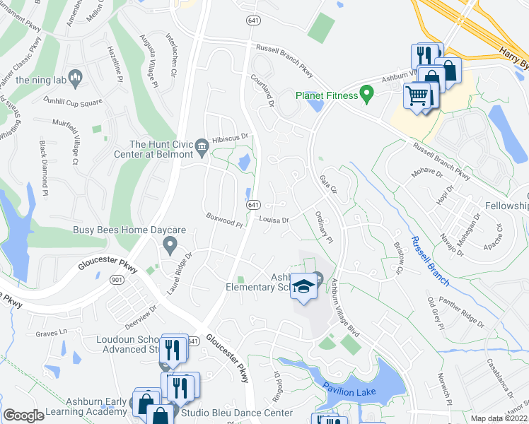map of restaurants, bars, coffee shops, grocery stores, and more near 20243 Birdsnest Place in Ashburn