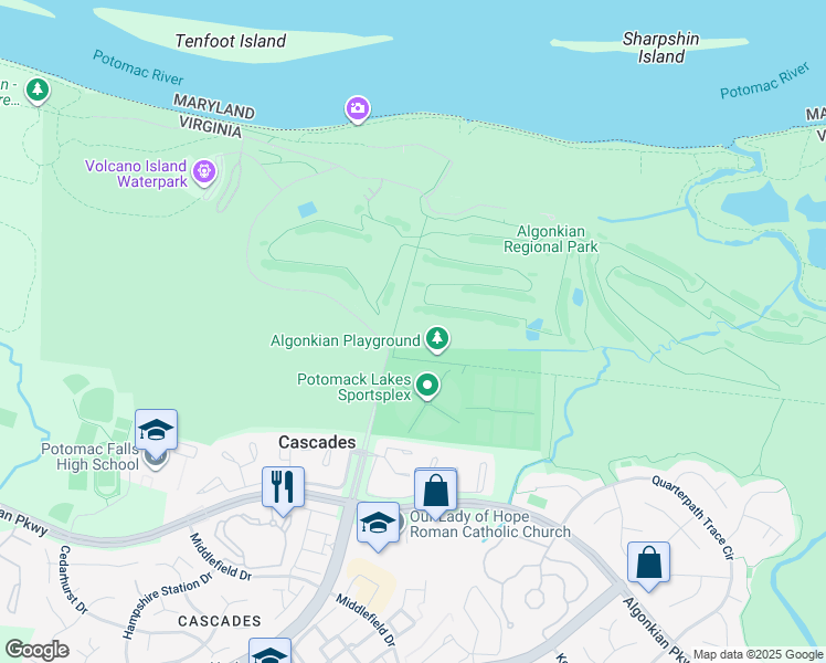 map of restaurants, bars, coffee shops, grocery stores, and more near 20242 Cascades Parkway in Sterling
